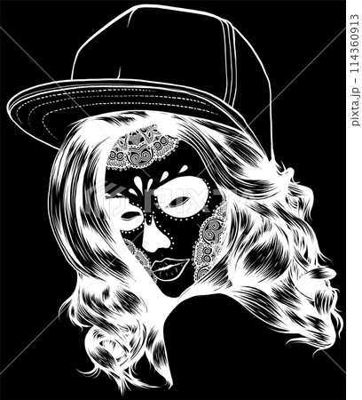 white silhouette of sugar woman skull with hat vector illustration on black background white silhouette of sugar woman skull with hat vector illustration on black background 114360913