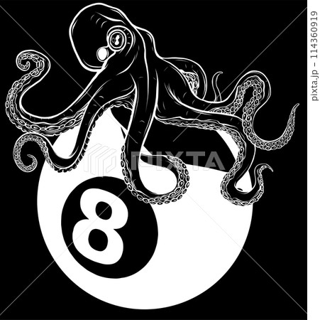 white silhouette of kraken octopus on eight ball of biliard vector illustration on white background. digital hand draw white silhouette of kraken octopus on eight ball of biliard vector illustration on white background. digital hand draw 114360919