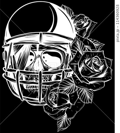 white silhouette of Skull In Football Helmet with roses vector illustration on black background 114360928