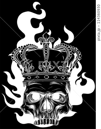 white silhouette of king skull with flames vector illustration design on black background. digital hand draw 114360930