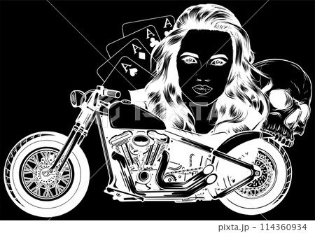 white silhouette of woman with skull and motorcycle on black background white silhouette of woman with skull and motorcycle on black background 114360934