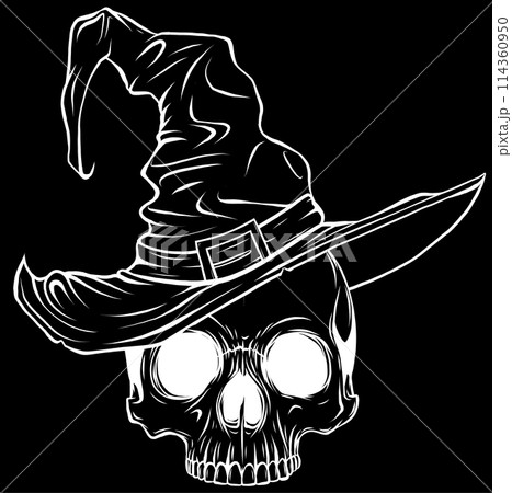 white silhouette of skull with witch hat vector illustration on black background 114360950