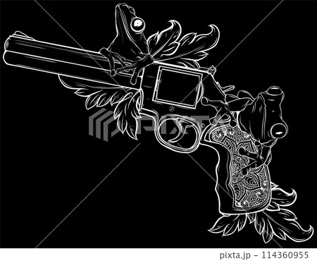 white silhouette of handgun with leave and frog on black background vector design white silhouette of handgun with leave and frog on black background vector design 114360955