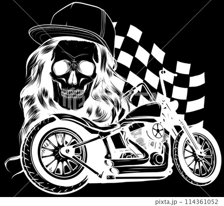 white silhouette of woman skull with motorcycle vector design illustration on black background white silhouette of woman skull with motorcycle vector design illustration on black background 114361052