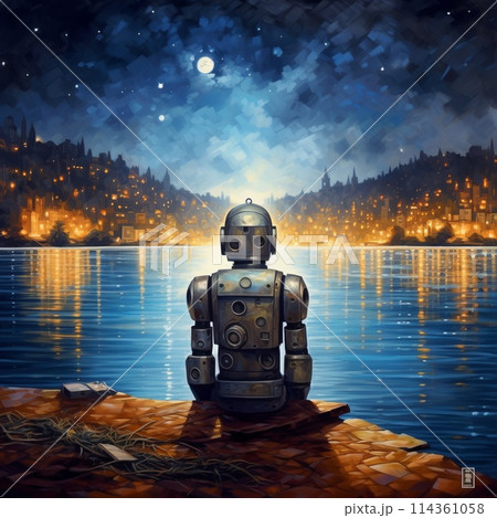 high-tech robot against the background of the starry sky 114361058