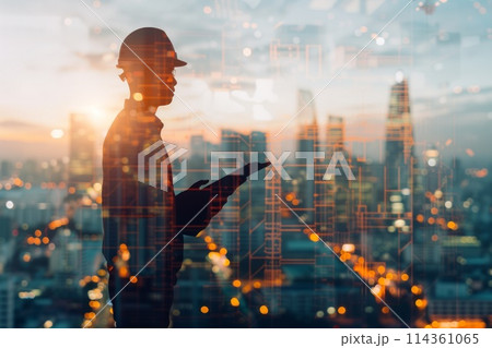 Engineer in a hard hat among modern urban buildings, multiple exposure 114361065