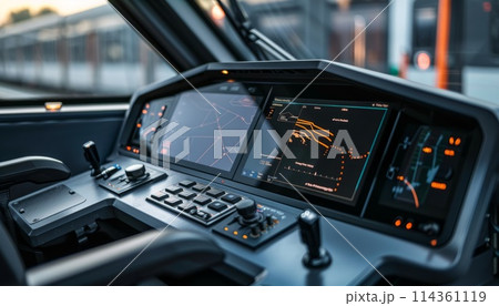 dashboard in the cabin of a locomotive dashboard in the cabin of a locomotive 114361119