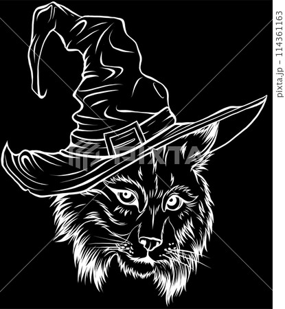 white silhouette of head lynx with witch hat...のイラスト素材 [114361163] - PIXTA