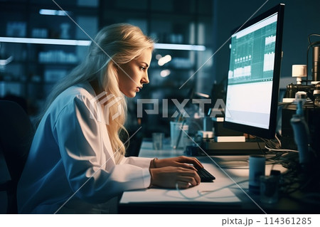 Blonde pharmaceutical scientist using computer while working in laboratory Blonde pharmaceutical scientist using computer while working in laboratory 114361285