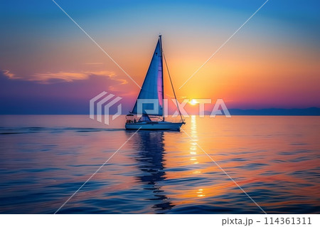 Sailboat at sea in evening sunlight Sailboat at sea in evening sunlight 114361311