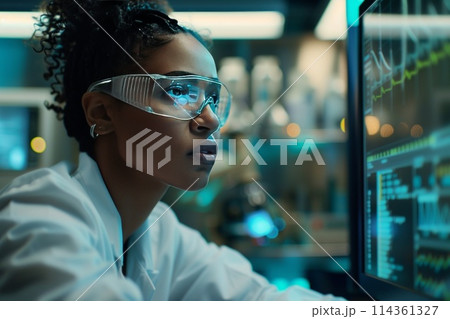 African American pharmaceutical scientist using computer while working in laboratory 114361327