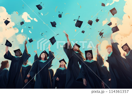 cheerful students throwing graduation hats in the air 114361357