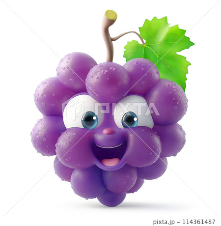 Excited grape character with water droplets and a green leaf on a white background 114361487