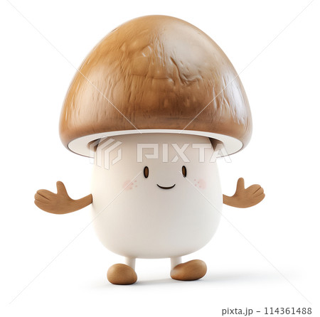 Friendly mushroom character with a waving gesture and a happy face on white 114361488
