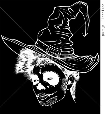 white silhouette of Pretty witch with hat on black background. Vector hand drawn illustration 114361522