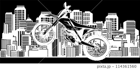 white silhouette of Motorcycle racing in city on black background cartoon vector concept. white silhouette of Motorcycle racing in city on black background cartoon vector concept. 114361560