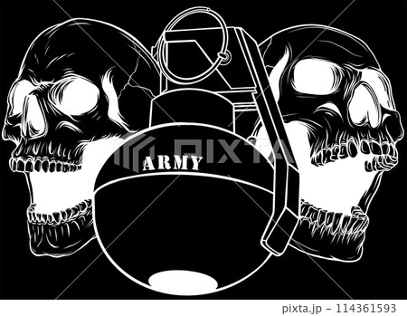 white silhouette of skull with hand grenade on black background vector 114361593