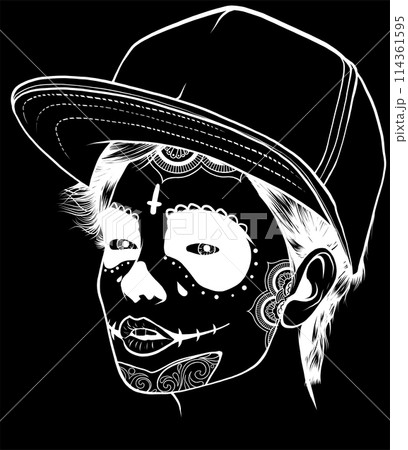 white silhouette of skull girl with cap on head on black background 114361595