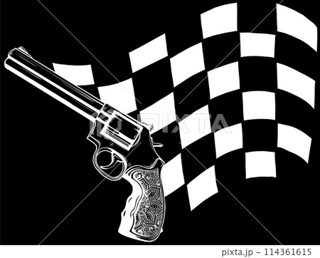 white silhouette of Gun revolver handgun six shooter pistol on black background white silhouette of Gun revolver handgun six shooter pistol on black background 114361615