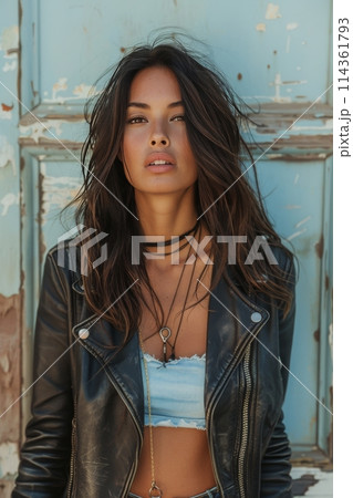 Woman Standing Next to Brick Wall 114361793