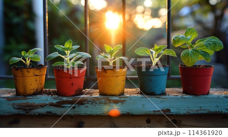 Row of Potted Plants on Wooden Bench Row of Potted Plants on Wooden Bench 114361920