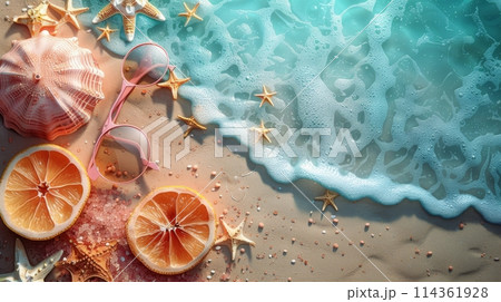 Starfish, Shells, and Palm Leaves on Blue Background 114361928
