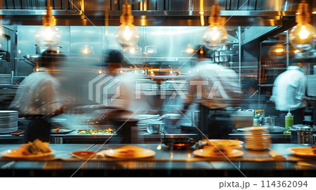 Blurred kitchen restaurant with people working behind glass wall, Chef and sous chef , generated AI Blurred kitchen restaurant with people working behind glass wall, Chef and sous chef , generated AI 114362094