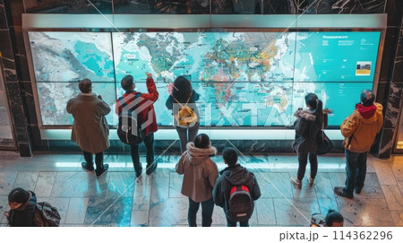Large touchscreen in public space displays big data visualizations of environmental info. Big data visualization 114362296