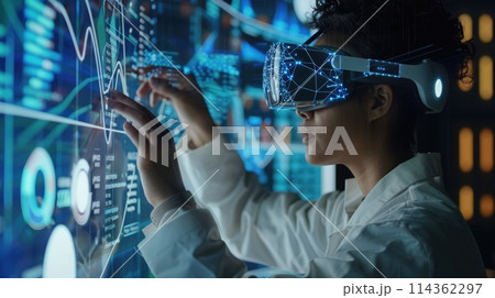 Scientist with AR glasses analyzes trends in holographic big data visualization. Big data visualization 114362297
