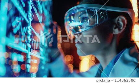 Futuristic AR glasses help scientist study holographic data visualization for insights. Big data visualization 114362300