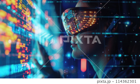 Scientist in AR glasses analyzes holographic big data, pinpointing trends and anomalies. Big data visualization 114362301