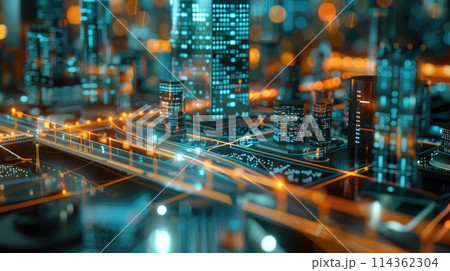 Integrated big data screens in a sleek smart city model visualize traffic and network analytics. Big data visualization 114362304