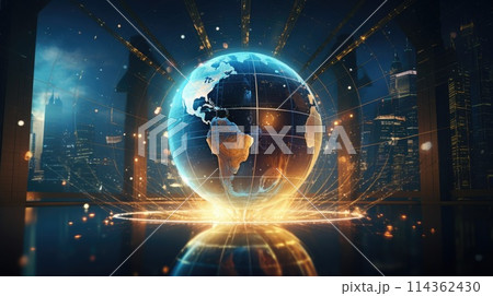 Detailed digital globe in cyberspace, presenting real-time internet traffic with glowing lines. Big data visualization 114362430