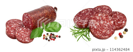 Smoked sausage salami isolated on white background with full depth of field Smoked sausage salami isolated on white background with full depth of field 114362484