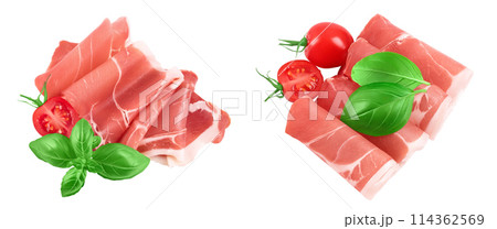 Italian prosciutto crudo or spanish jamon. Raw ham isolated on white background with full depth of field. Top view. Flat lay 114362569