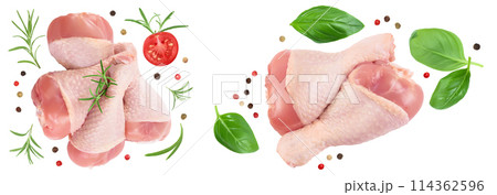 Raw chicken leg or drumstick isolated on white background with full depth of field. Top view. Flat lay 114362596
