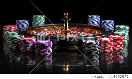 Casino Roulette Surrounded by Poker Chips 114362971