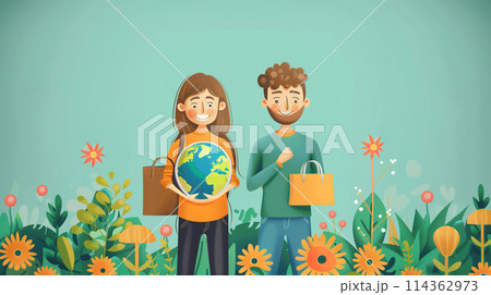 Man and Woman Standing in Field of Flowers 114362973