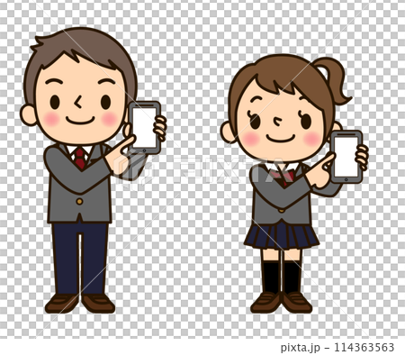 穿著校服的男人和女人拿著智慧型手機 114363563