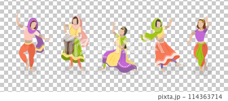 3D Isometric Flat  Set of Traditional Indian Dancers, Bollywood 114363714