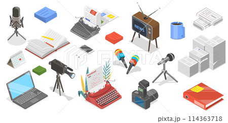 3D Isometric Flat  Conceptual Illustration of Journalism, Mass Media News 114363718