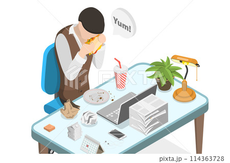 3D Isometric Flat Conceptual Illustration of Lunch, Busy Employees Meal 3D Isometric Flat Conceptual Illustration of Lunch, Busy Employees Meal 114363728