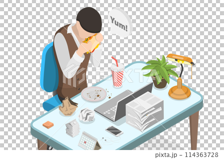 3D Isometric Flat  Conceptual Illustration of Lunch, Busy Employees Meal 114363728