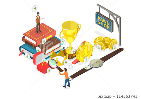 3D Isometric Flat  Conceptual Illustration of Pawnshop Business, Quick Cash Service 114363743