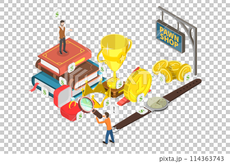 3D Isometric Flat  Conceptual Illustration of Pawnshop Business, Quick Cash Service 114363743
