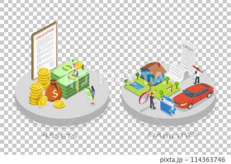 3D Isometric Flat  Conceptual Illustration of Assets And Liabilities, Balance with Debts and Incomes 114363746