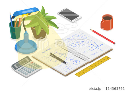 3D Isometric Flat  Conceptual Illustration of Doing Homework, Studying Student 3D Isometric Flat  Conceptual Illustration of Doing Homework, Studying Student 114363761
