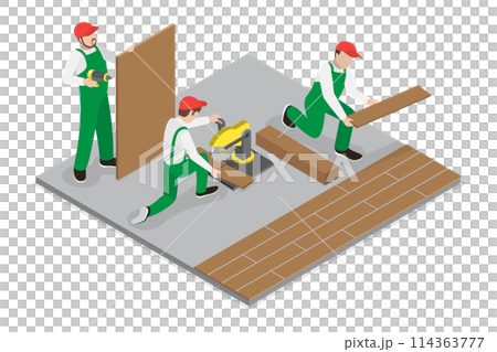 3D Isometric Flat  Conceptual Illustration of Laying Floor Parquet Tile, House Repairing 114363777