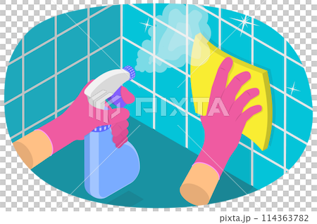 3D Isometric Flat  Conceptual Illustration of Housekeeper, Cleaning and Disinfection 114363782