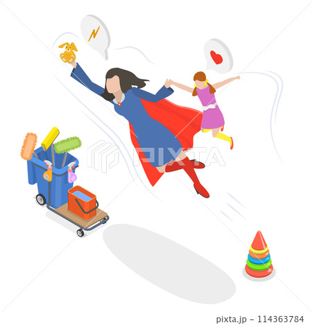3D Isometric Flat  Conceptual Illustration of Supermom, Mother Day 114363784